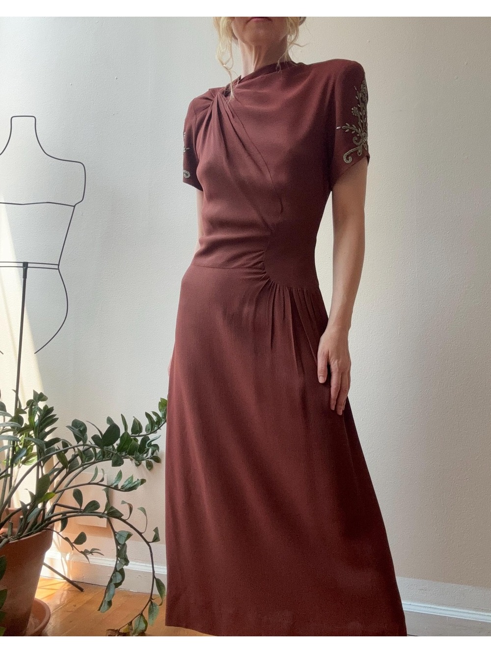 Vintage 1940s Burgundy Crepe Embellished Dress